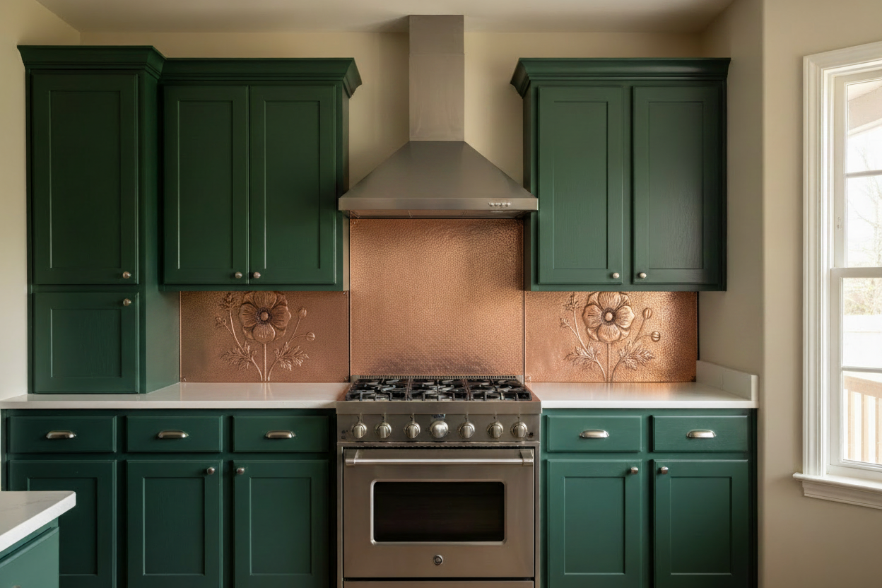 Hand-hammered copper stove backsplash, pure hammered texture, 3-panel set, warm rose-gold copper, forest green kitchen