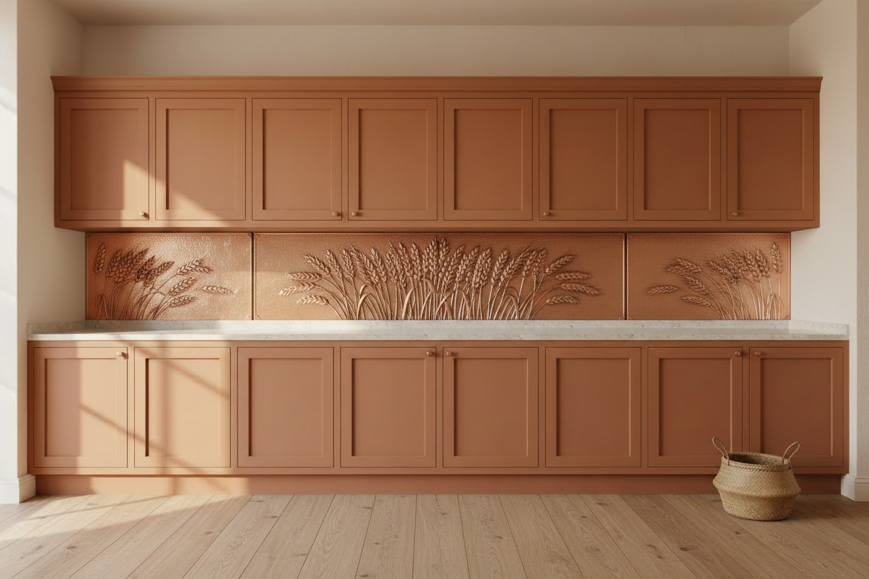 Three copper panels spanning extra-wide kitchen wall in warm terracotta clay kitchen — continuous wheat stalk composition with full grain heads bending naturally across all three panels in repoussé relief, warm natural copper tone matching magnolia reference, fine stipple background, black hairline seams, terracotta shaker cabinets, white marble countertop