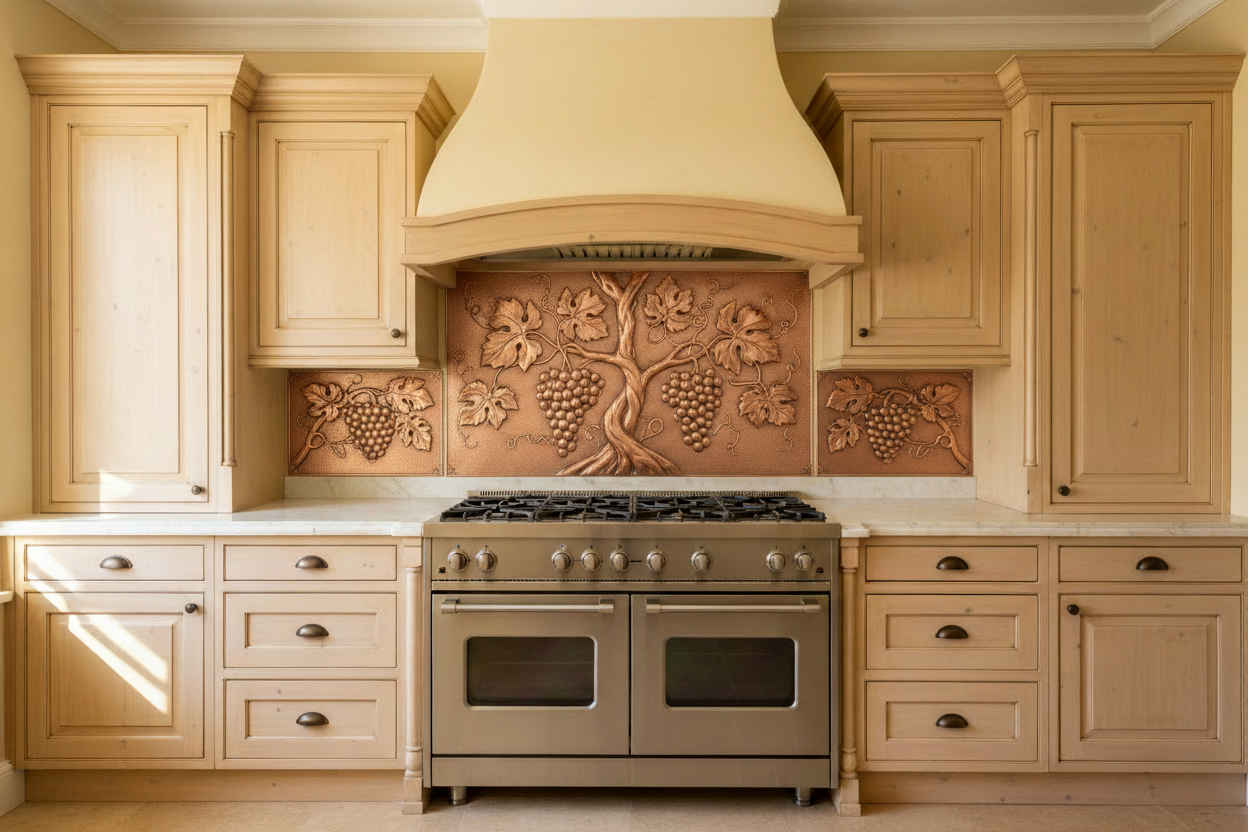 Three copper panels spanning full kitchen wall behind 36-inch range — Tuscan vineyard grapevine composition in repoussé relief, gnarled trunk with heavy grape clusters, broad veined leaves and curling tendrils across all three panels, warm natural copper tone, fine stipple background, ivory raised-panel cabinets, cream marble countertop