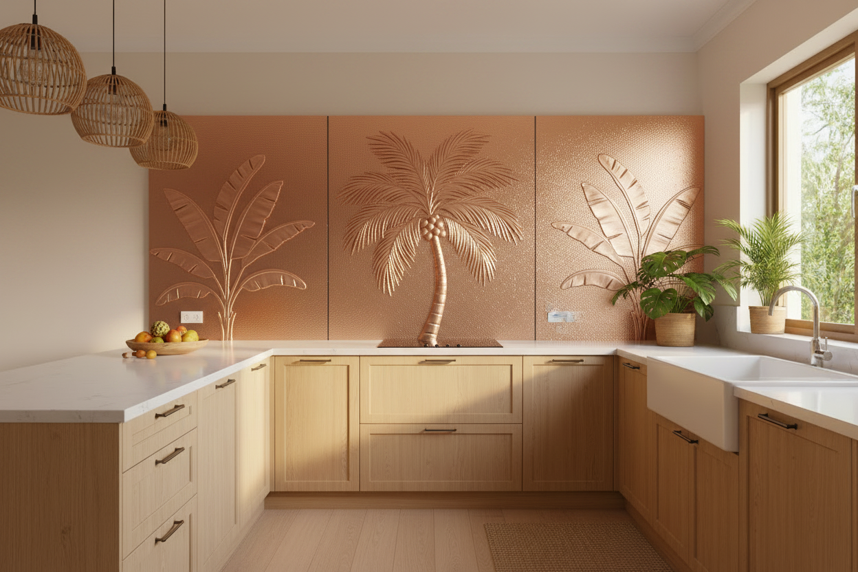 Copper induction cooktop backsplash three panels with tropical design, palm tree center panel, banana leaves side panels, outlet cutouts, pure natural copper relief, warm tropical kitchen