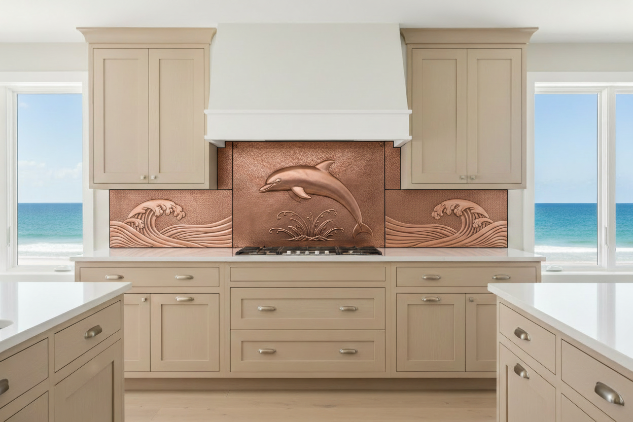 Copper slide-in range backsplash with jumping dolphin center panel, ocean wave side panels, outlet cutouts, pure natural copper relief, bright oceanfront home kitchen