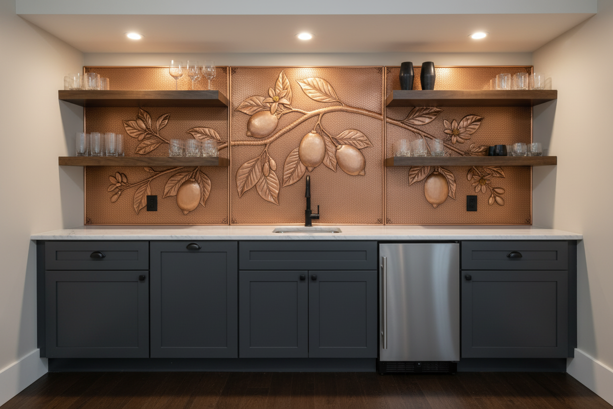 Copper wet bar backsplash with citrus botanical design — lemon branch with blossoms and leaves flowing across 3 panels — dark sophisticated wet bar setting