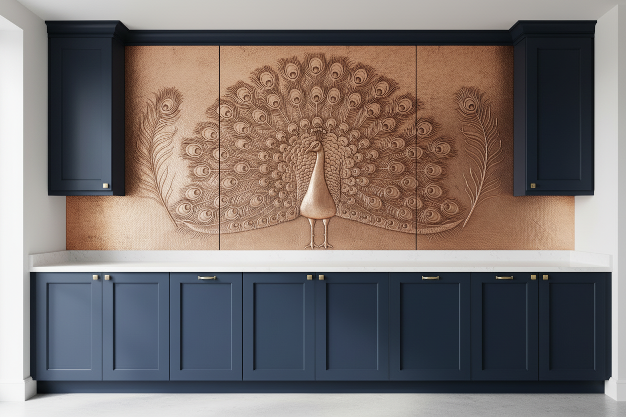 Three copper panels in deep navy blue kitchen — majestic peacock with full fanned tail and eye-motif feathers in repoussé relief on wide tall center panel, peacock tail feathers extending onto each side panel, warm natural copper tone matching magnolia reference, fine stipple background, black hairline seams between panels, navy shaker cabinets, white quartz countertop