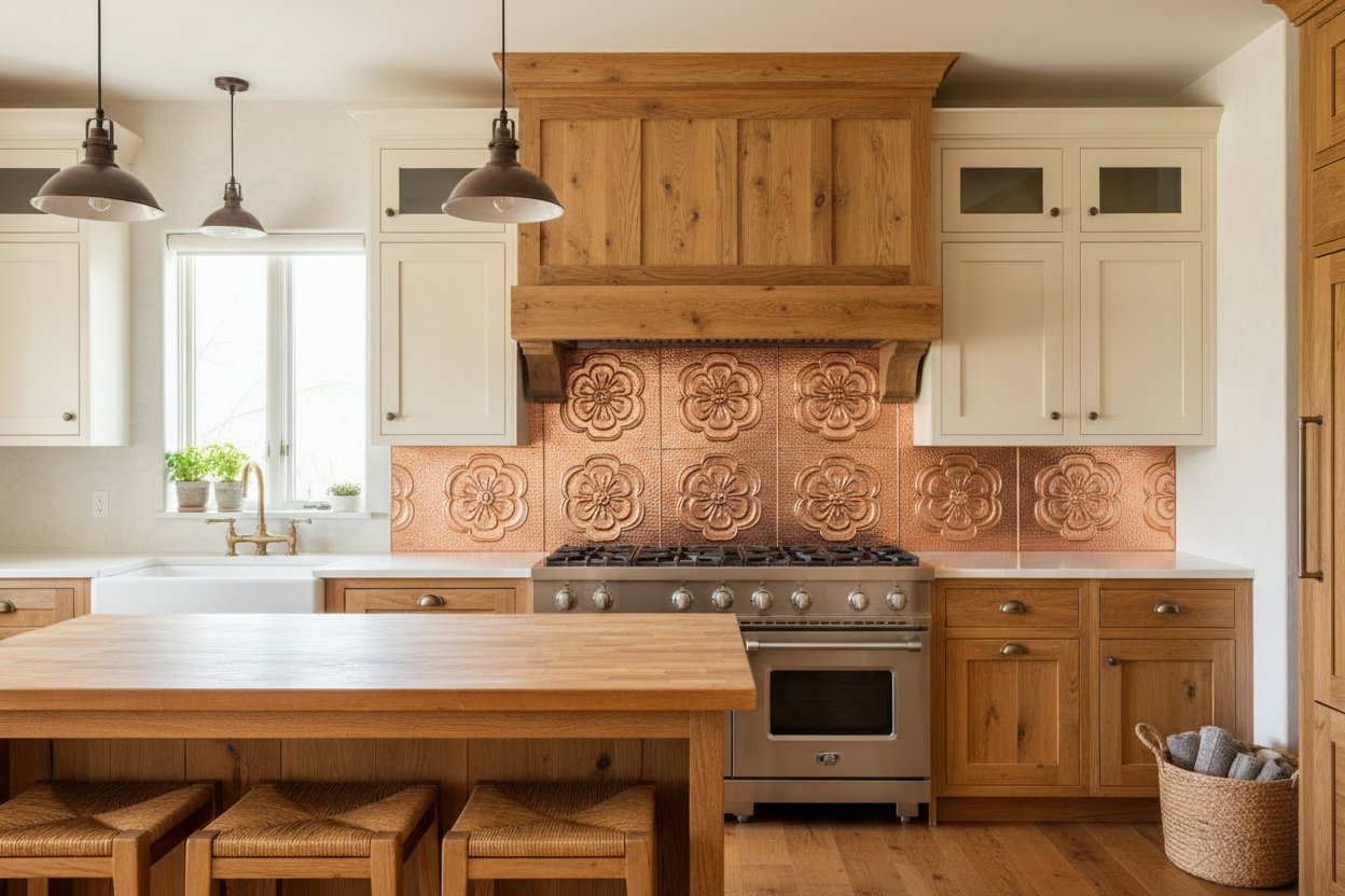 Three hand-hammered copper backsplash panels with continuous Tudor rose repoussé design installed beneath custom wood range hood in farmhouse kitchen — tall center panel with wide side panels filling full wall, thin shadow gap between panels