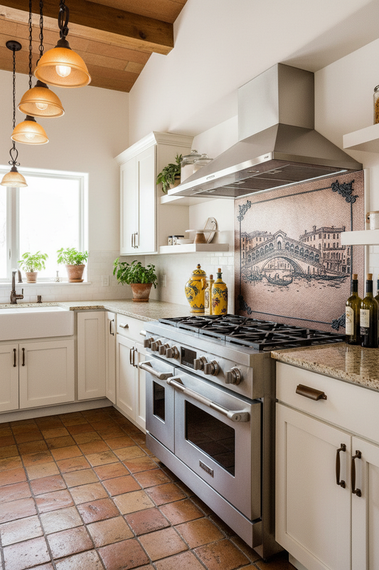 Italian Gondola Copper Backsplash - Tuscan kitchen installation