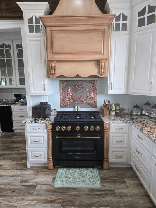 Mountain Pines & Deer Copper Backsplash — Silver–Copper