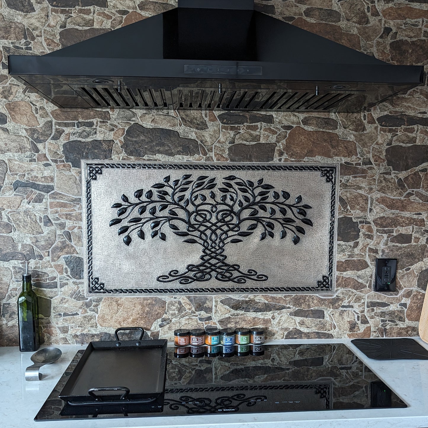 Gray & Black Tree of Life Backsplash | Bold Handmade Copper Kitchen Backsplash Panel - Natuross