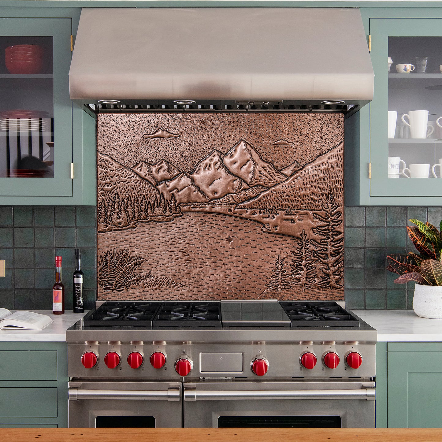 Rocky Mountains & Lake Landscape Copper Backsplash – Handcrafted Copper Kitchen Tile, Custom Mountain Scene Wall Art - Natuross