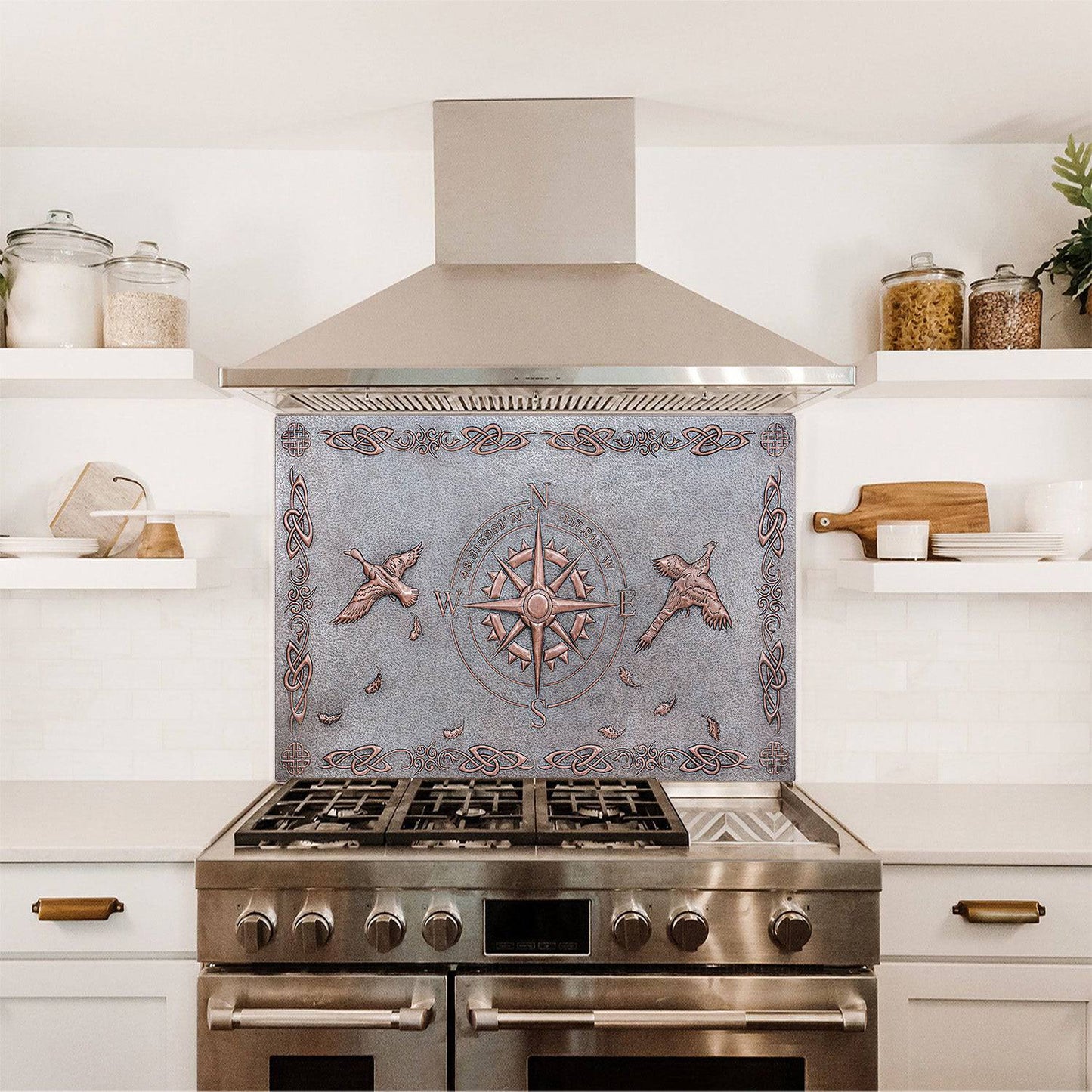 Copper Backsplash Panel (Compass with GPS Coordinates, Pheasant Birds, Celtic Border, Silver&Copper Color)