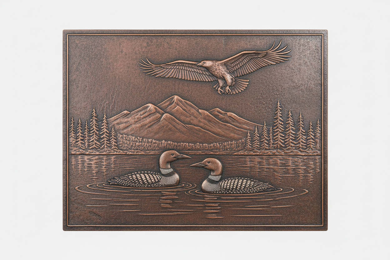 Lake Scene with two loons cleaner design brown patina