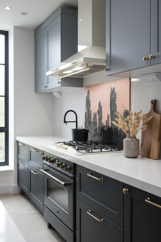 Large Cacti Copper & Black Kitchen Backsplash 68 Inches in Industrial Modern Style