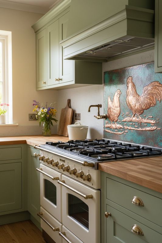 Large Farmhouse Rooster Chicken Copper Backsplash Green Patina 66 Inches Vintage Style