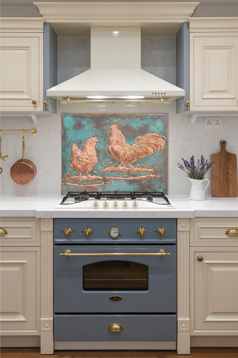 Large Farmhouse Rooster & Chicken Copper Backsplash Green Patina 70 Inches French Country