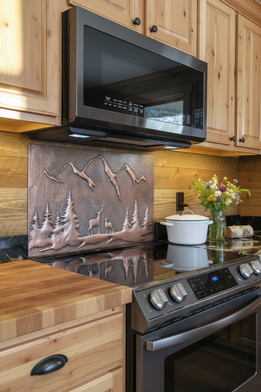 Large Rustic Brown Deer Copper Kitchen Backsplash 68 Inches in Wilderness Cabin Style