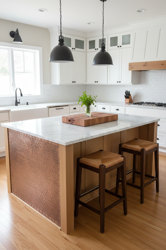 Modern Farmhouse Copper Kitchen Island Panel with White Shaker Cabinets and Marble Top