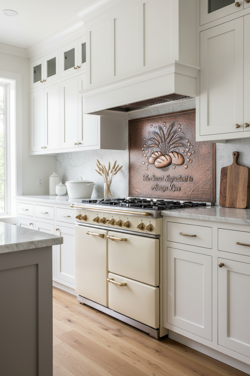 Modern Farmhouse Custom Copper Backsplash "Secret Ingredient is Love" with Bread & Wheat
