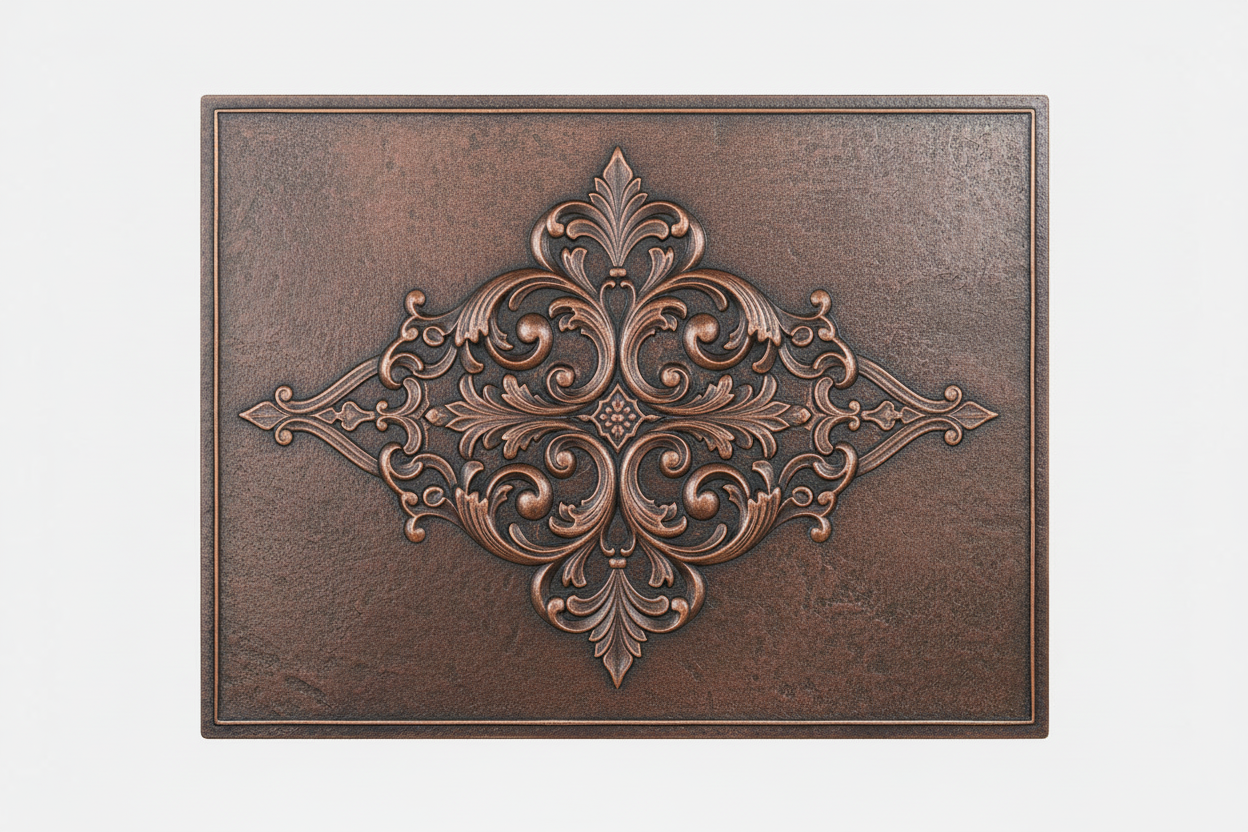 Ornate Scrollwork brown patina panel corrected