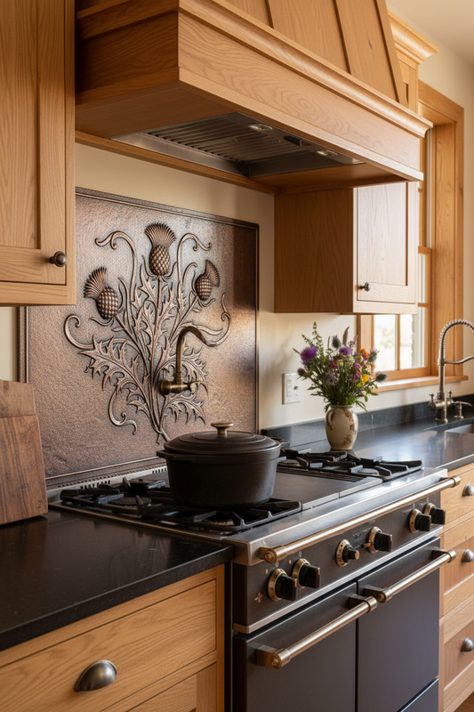 Scottish Thistle & Scroll Copper Kitchen Backsplash in Celtic Heritage Style