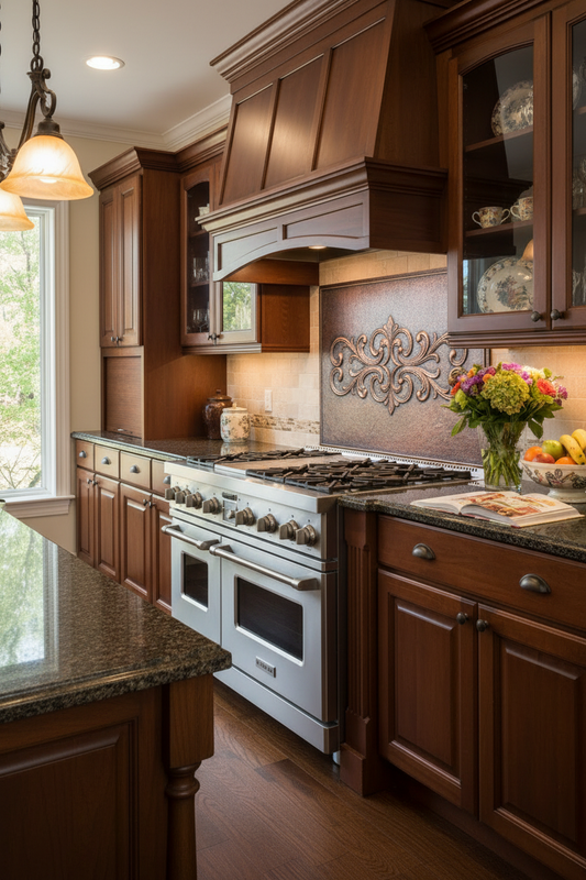 Scrollwork Copper Backsplash - 48x36 inch in traditional kitchen