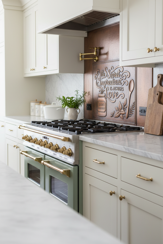 Secret Ingredient is Love Copper Kitchen Backsplash in Cottage Farmhouse with Sage Green Range