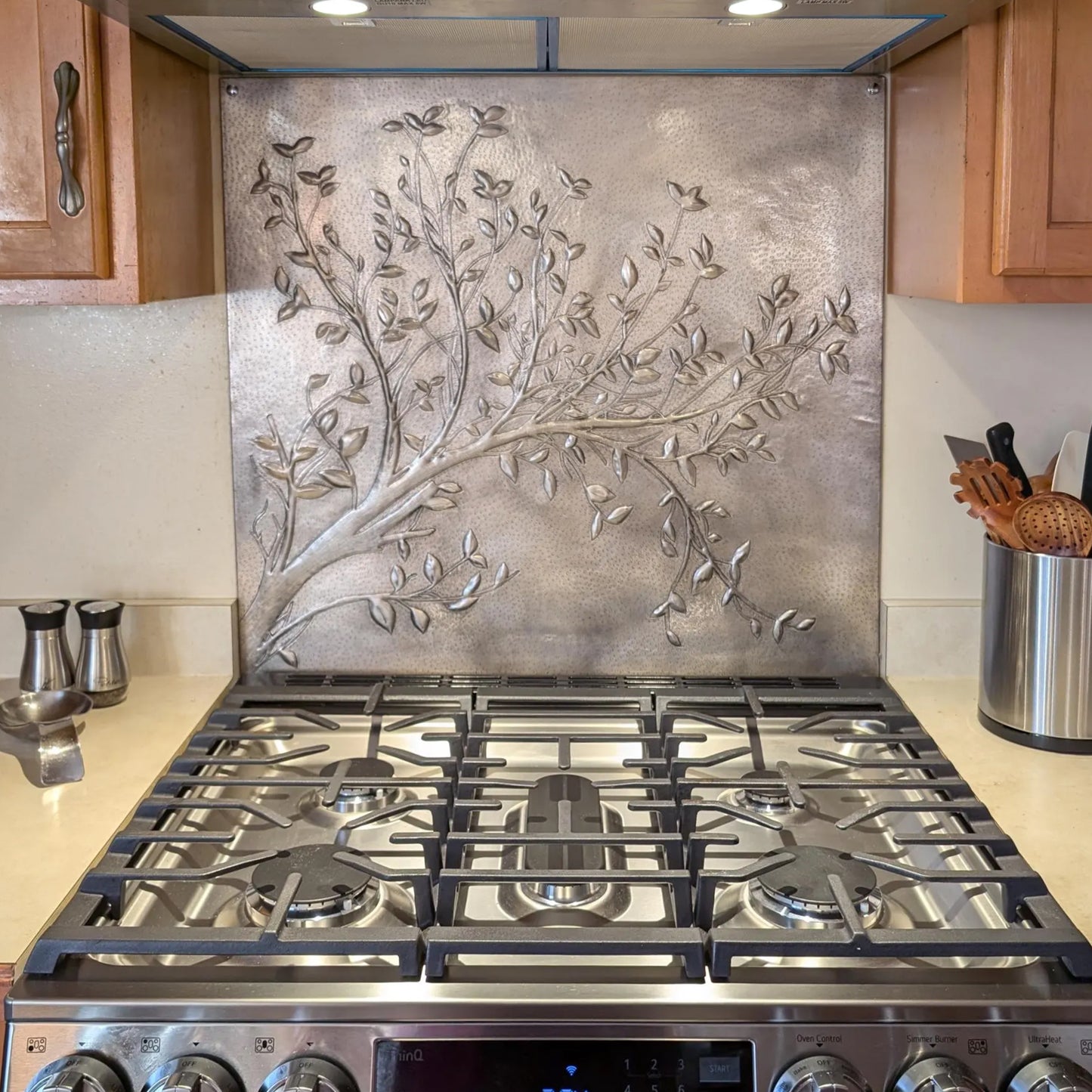 Gray Tree Branches Copper Backsplash | Modern Farmhouse Handmade Copper Kitchen Backsplash Panel