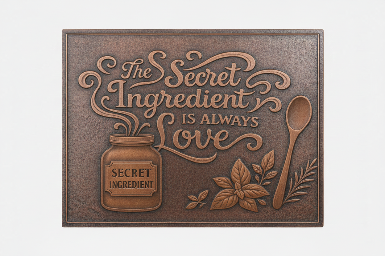 The Secret Ingredient is Always Love brown patina panel