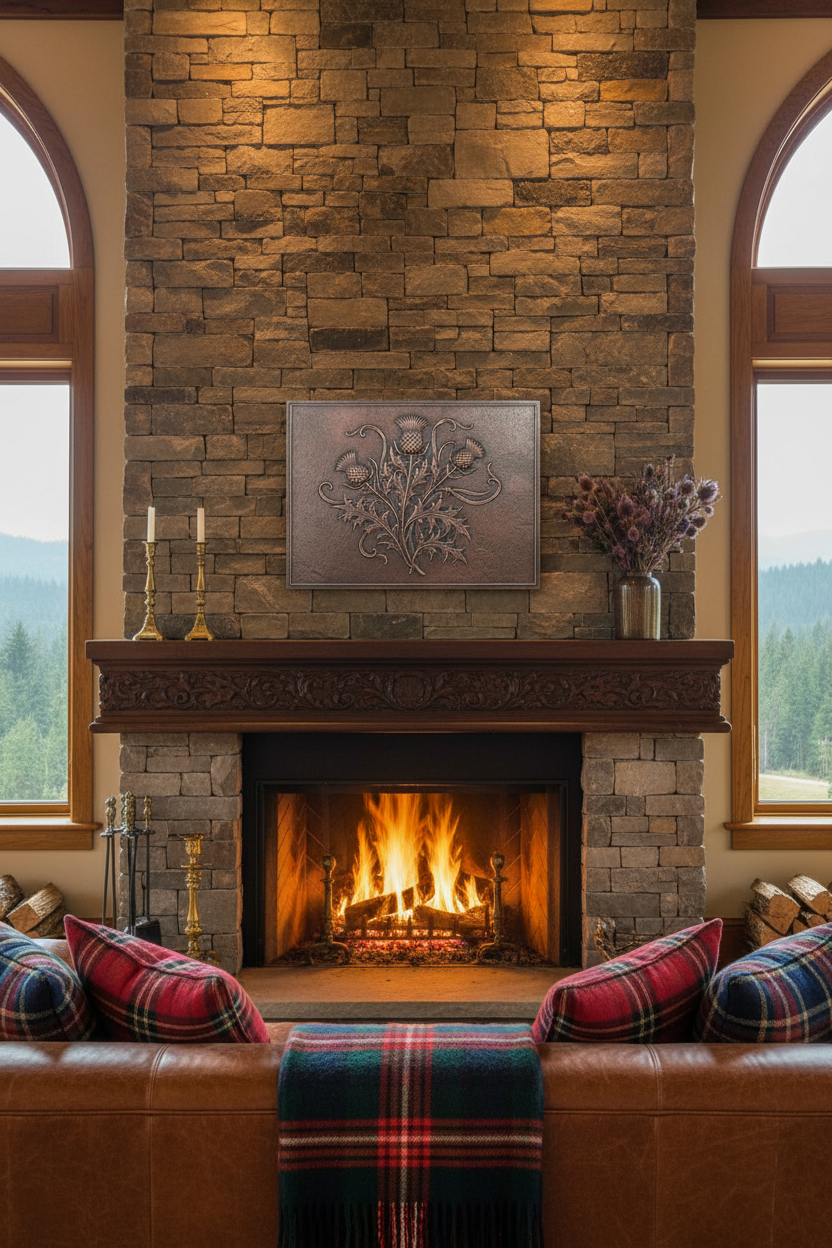 Thistle & Scroll Copper Wall Art Above Stone Fireplace in Highland Lodge