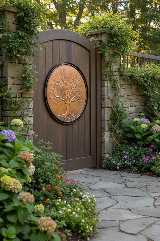Tree of Life Copper Medallion on Natural Wood Garden Gate with Lush Landscaping