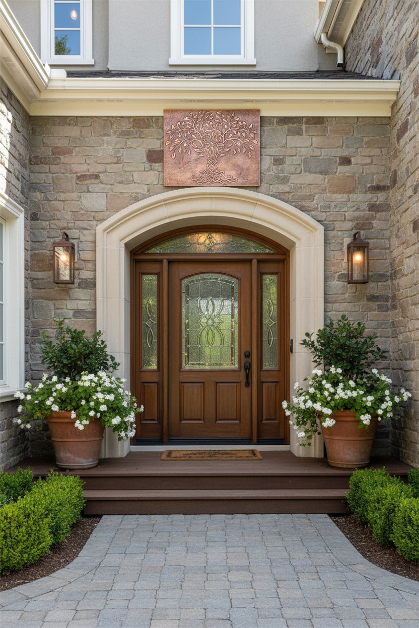 Tree of Life Copper Outdoor Wall Art Near Front Door Entrance with Welcoming Design