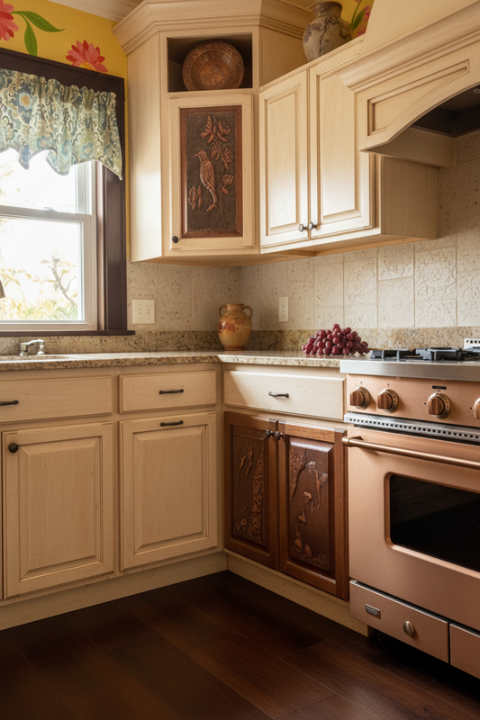 Tuscan Villa Copper Cabinet Door Inserts with Travertine Countertops and Warm Cabinetry