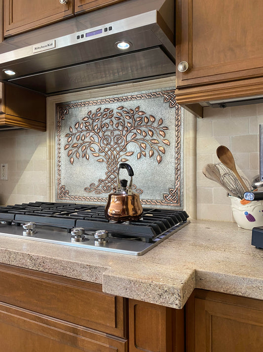 Gray & Copper Tree of Life Backsplash | Two-Tone Handmade Copper Kitchen Wall Art - Natuross