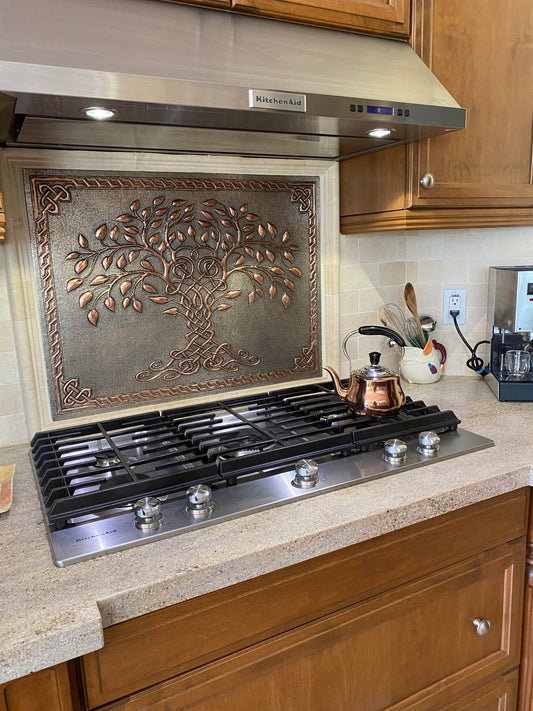 Gray & Copper Tree of Life Backsplash | Two-Tone Handmade Copper Kitchen Wall Art - Natuross
