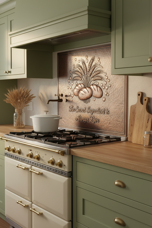 Vintage Farmhouse Custom Quote Copper Backsplash with Bread Wheat and Love Hearts