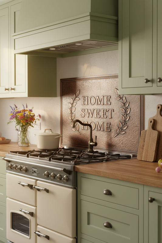Vintage Farmhouse Home Sweet Home Copper Backsplash with Sage Green Cabinets