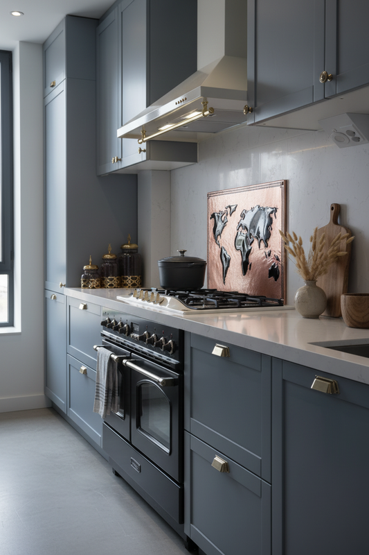 World Map Copper & Black Kitchen Backsplash in Industrial Modern Style with Concrete Counters