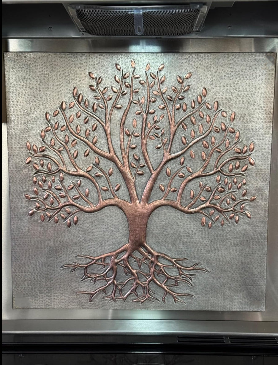 Most popular copper backsplash finish — Silver–Copper finish tree with roots panel by Natuross
