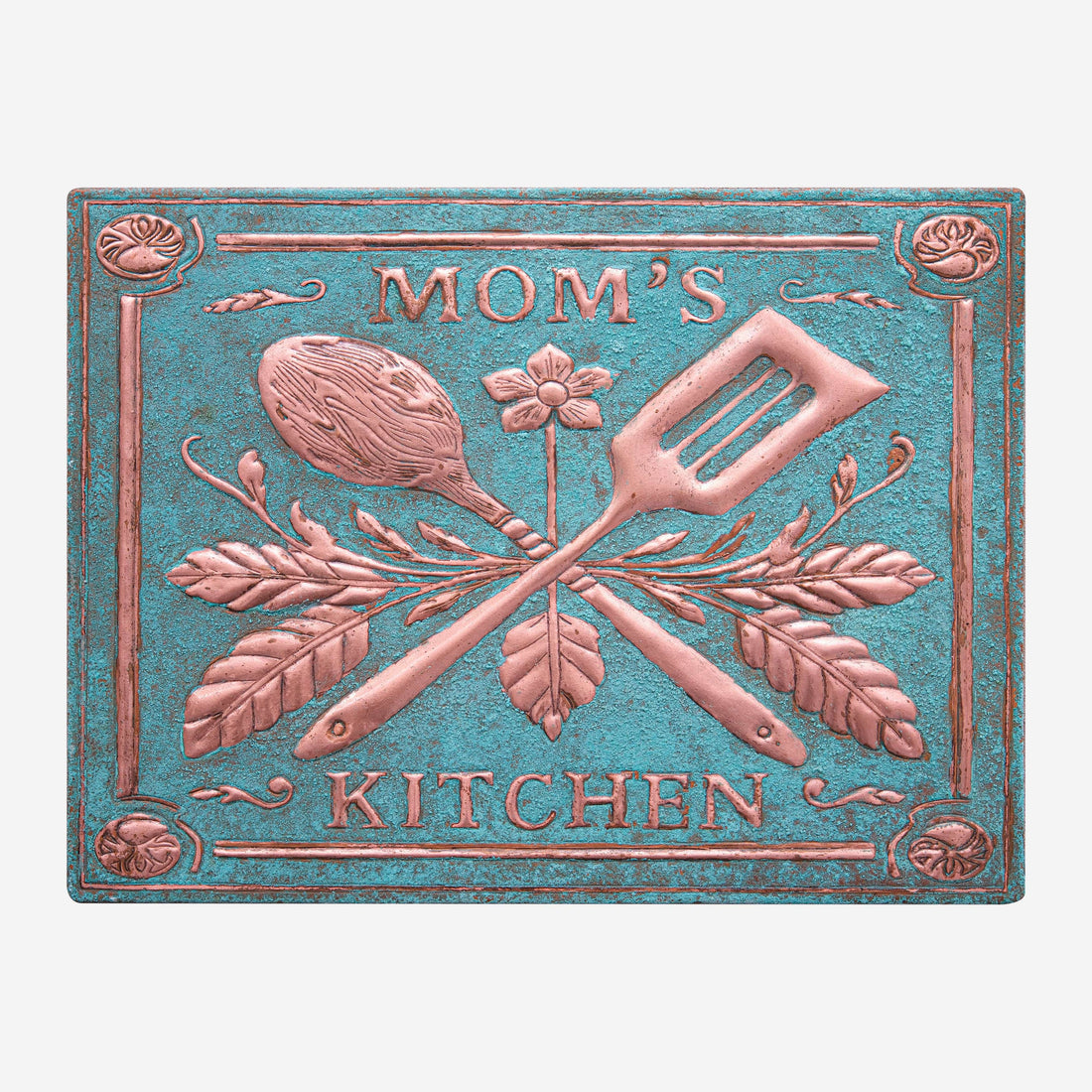 Personalized copper backsplash — Mom’s Kitchen text panel in Natural Copper finish by Natuross