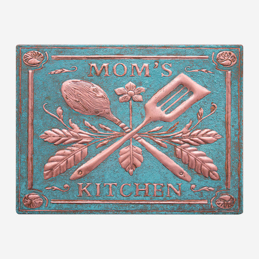 Personalized copper backsplash — Mom’s Kitchen text panel in Natural Copper finish by Natuross