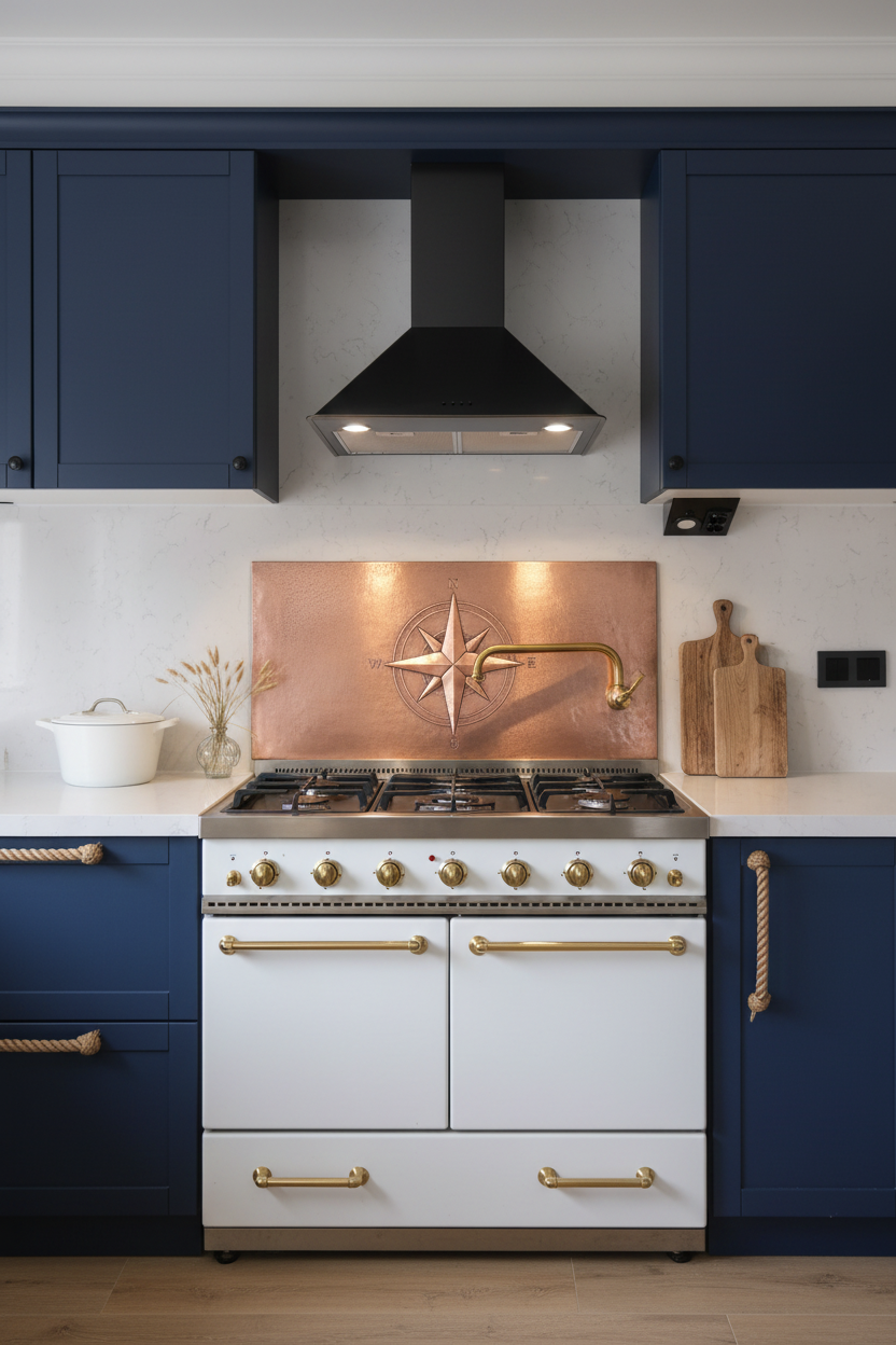 Copper backsplash for a white kitchen — compass rose in Natural Copper finish by Natuross