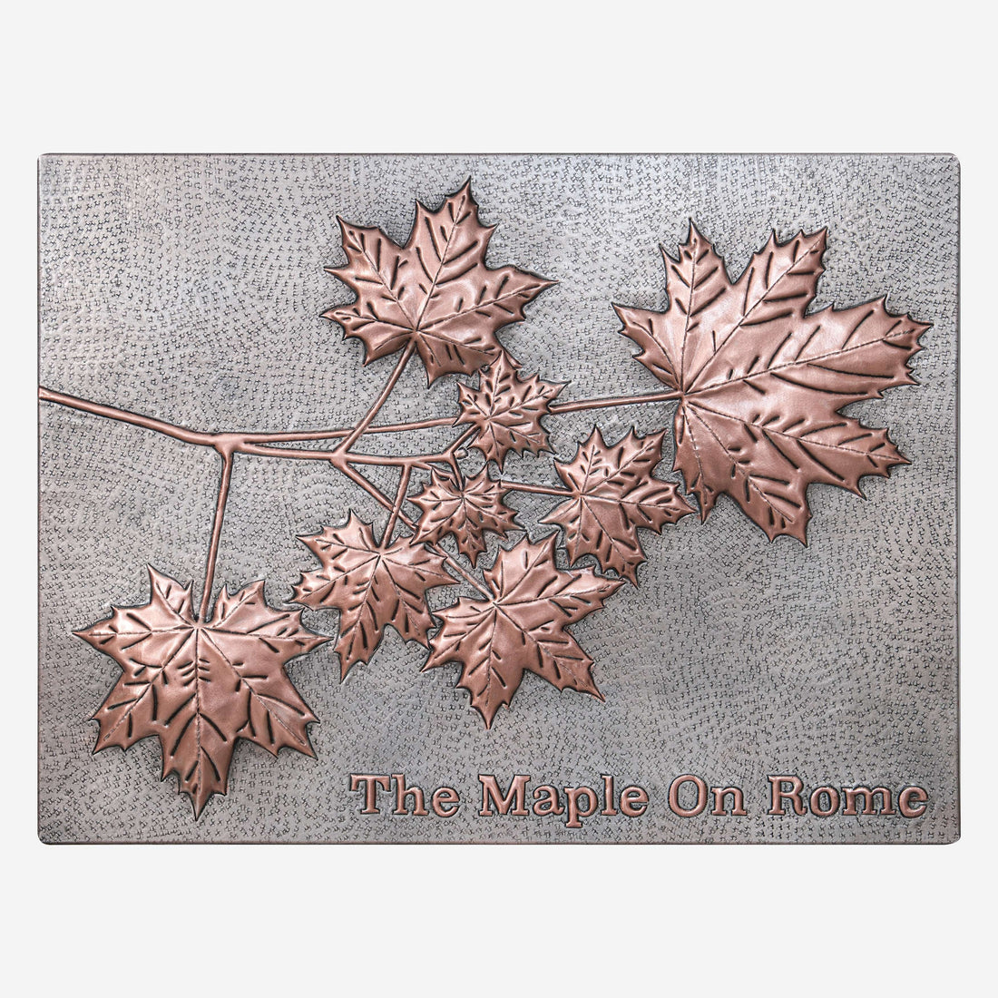 Copper backsplash with green cabinets — maple leaf design in Silver–Copper finish, the most natural kitchen pairing by Natuross