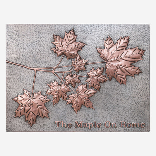 Copper backsplash with green cabinets — maple leaf design in Silver–Copper finish, the most natural kitchen pairing by Natuross