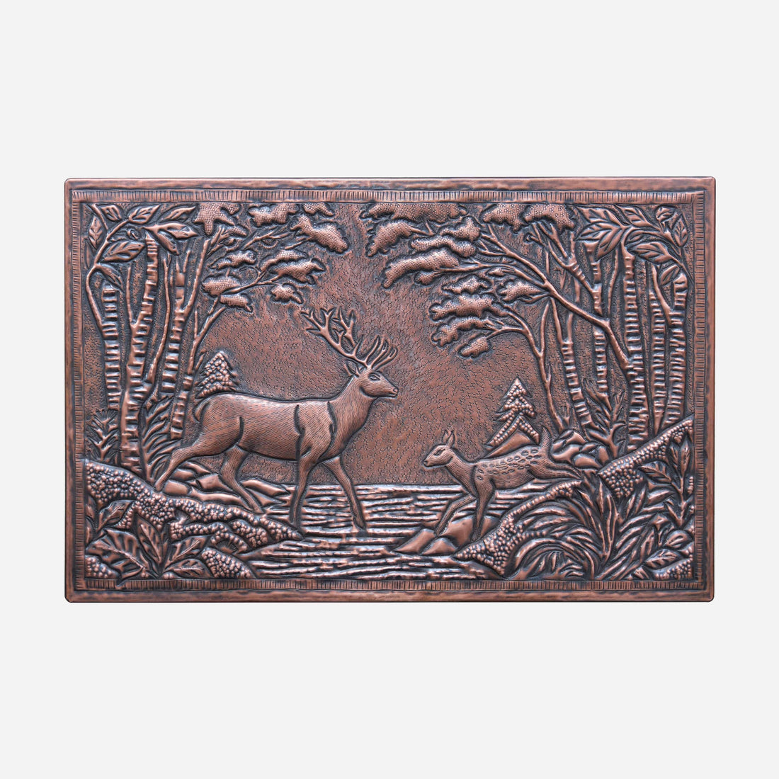 Copper backsplash with wood cabinets — stag and fawn in Brown Copper finish by Natuross