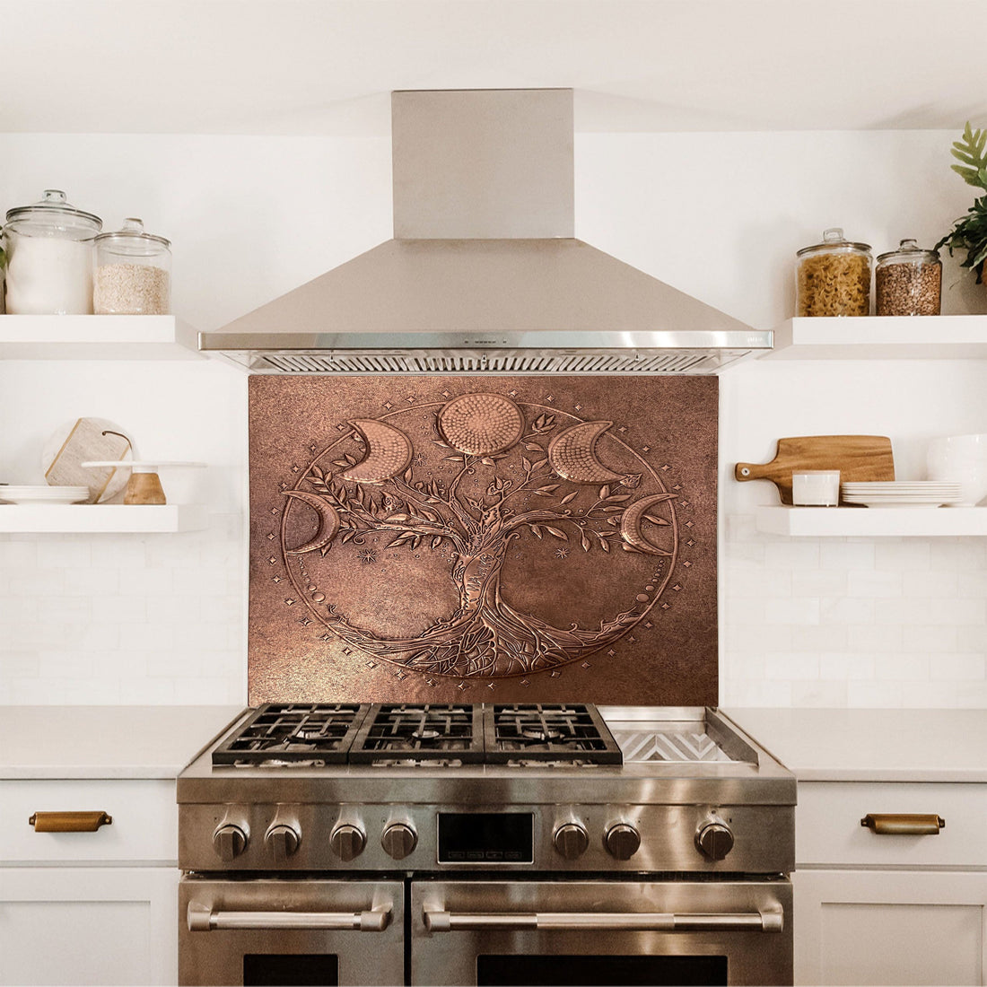 Copper backsplash with dark cabinets — trees with moon phases, handmade copper kitchen wall art by Natuross