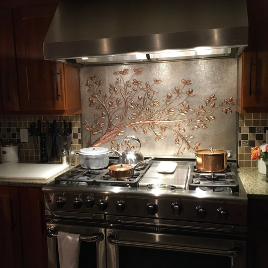 Is a copper backsplash worth it — compass rose in Copper–Black finish, modern industrial kitchen by Natuross