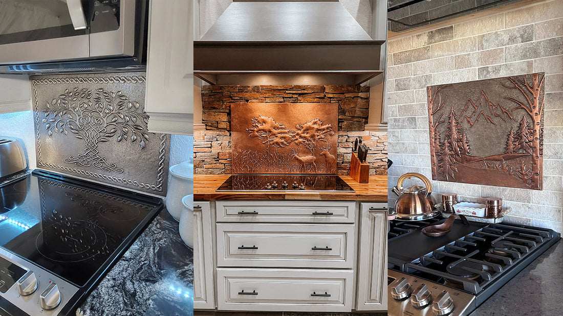 Hand-hammered copper kitchen backsplash — tree of life design in Silver–Copper finish