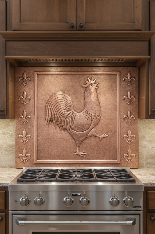 Copper backsplash vs glass — Rooster and Fleur-de-Lis in Natural Copper finish by Natuross