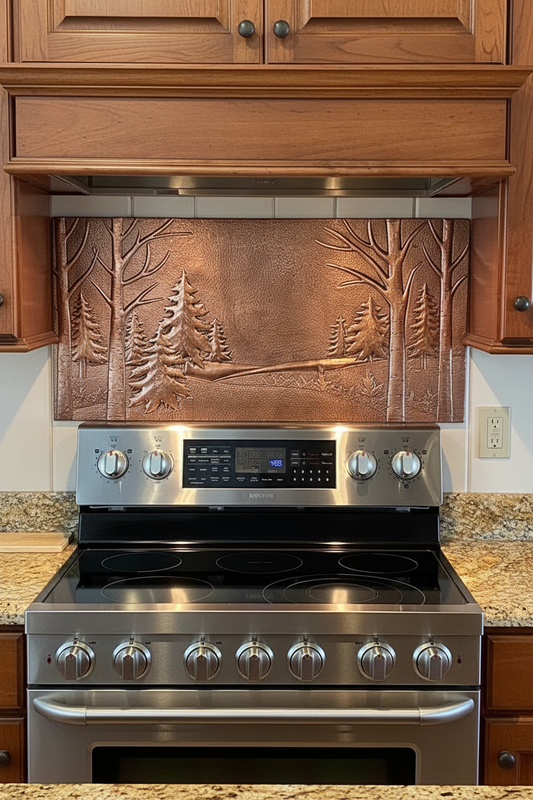 Copper backsplash installed over existing tile — pine and birch forest in Natural Copper finish by Natuross