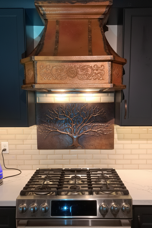 Copper backsplash for a rental property — winter tree in Brown Copper, removable installation by Natuross