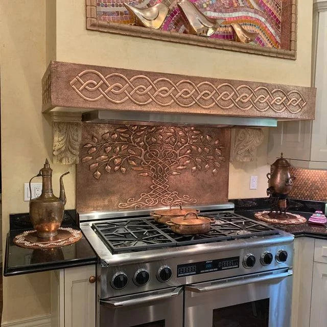 Copper backsplash vs ceramic tile — Celtic Tree of Life in Natural Copper finish by Natuross