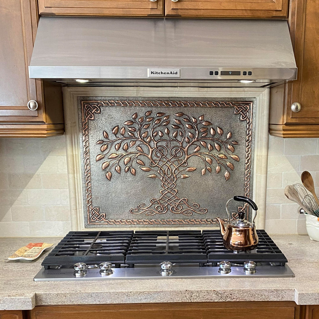 Copper backsplash with white cabinets — Tree of Life in Silver–Copper finish by Natuross